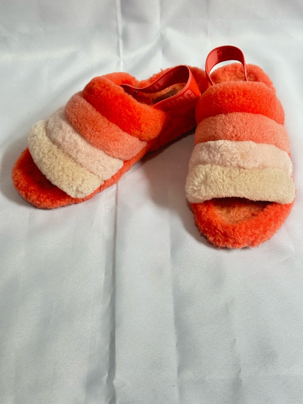 UGG Plush Striped Fuzzy Slide Sandals in Coral & Cream Size 9